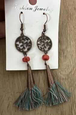 Boho Tree of Life Tassel Dangle Earrings Copper Tone Teal Coral Fish Hook